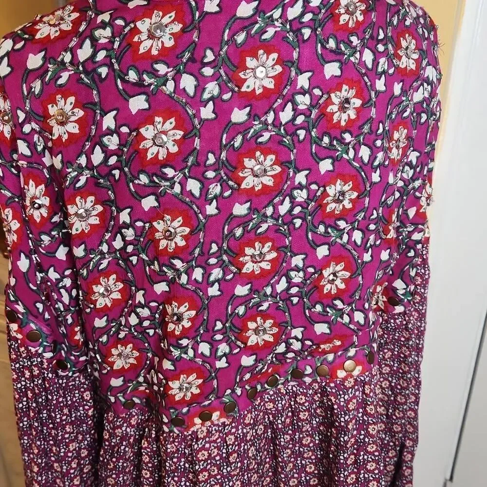 Free People Malia Babydoll Jacket | Embellished Boho Floral Tie Neck sz L
